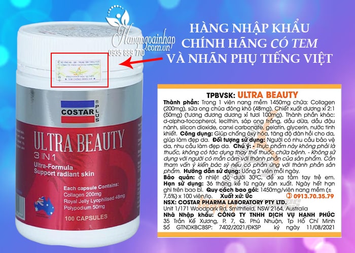 Viên uống đẹp da Ultra Beauty 3 In 1 Costar 100 viên của Úc 00