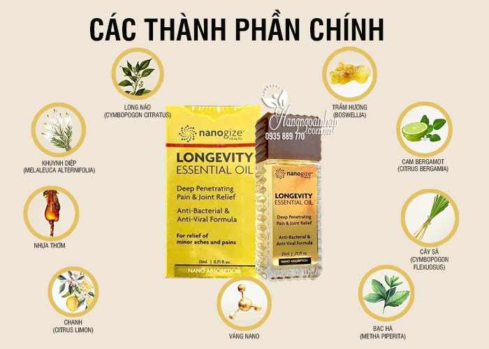 Dầu gió vàng Nanogize Longevity Essential Oil của Mỹ 21ml 8