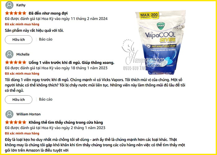 Kẹo ngậm giảm ho Vicks VapoCool Severe 200 viên của Mỹ 59