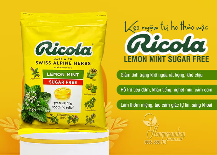 Kẹo ngậm trị ho Ricola Lemon Mint Sugar Free 105 Drops từ thảo mộc 5