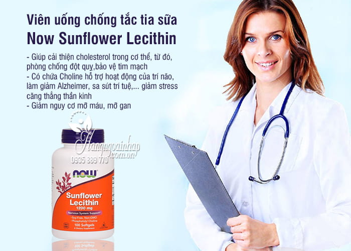 Viên uống chống tắc tia sữa Now Sunflower Lecithin 1200mg 2