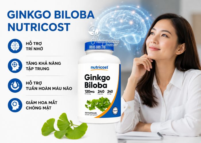 Viên uống bổ não Ginkgo Biloba Nutricost 120mg của Mỹ