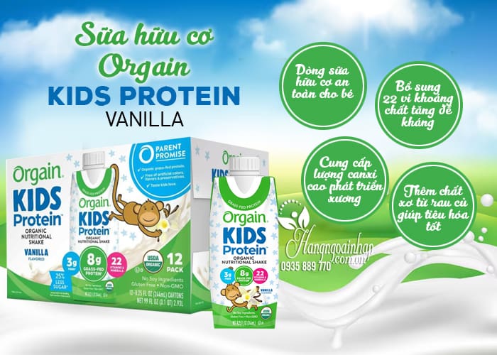 Sữa hữu cơ Orgain Kids Protein Vanilla của Mỹ 244ml x 12 hộp 56