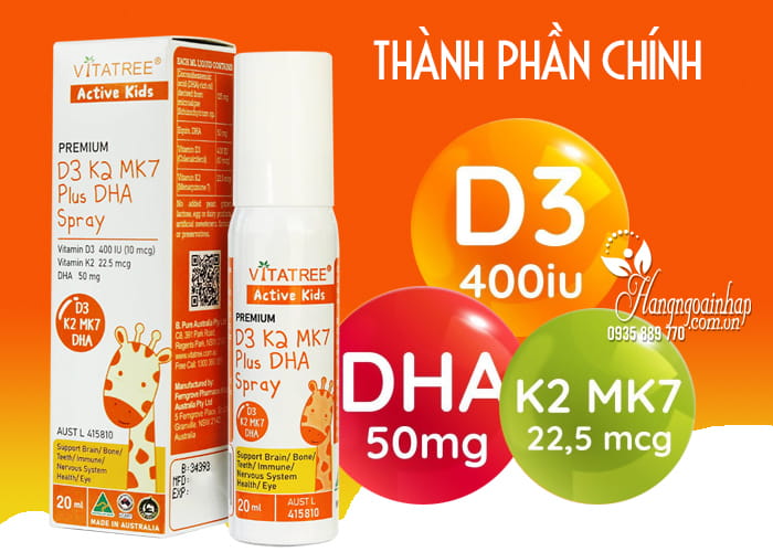 Xịt Vitatree D3 K2 MK7 Plus DHA Spray của Úc chai 20ml 1