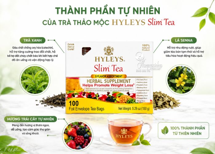 Trà thảo mộc Hyleys Slim Tea 100 gói của Mỹ hỗ trợ giảm cân 1