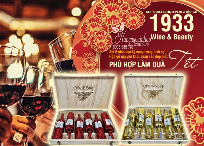 Set 6 chai rượu vang 1933 hộp gỗ Wine & Beauty của Ý  1