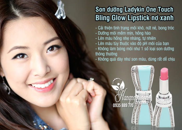 Son dưỡng Ladykin One Touch Bling Glow Lipstick nơ xanh 2