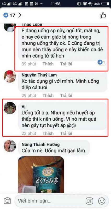 Review trà diếp cá của nhật từ một số người dùng trên facebook