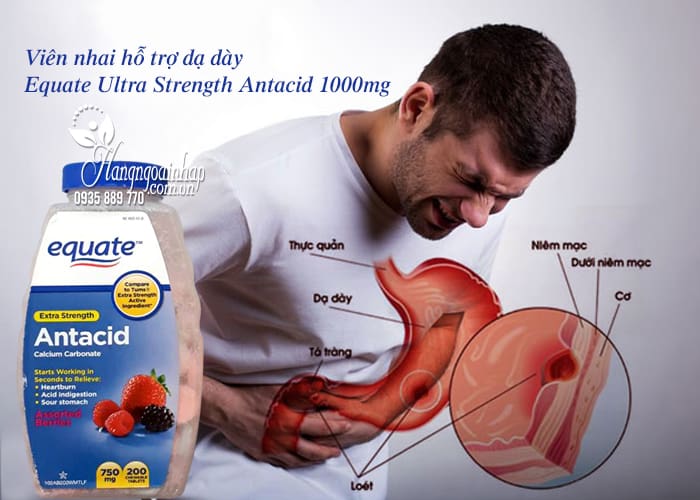 Viên nhai hỗ trợ dạ dày Equate Ultra Strength Antacid 1000mg 45t