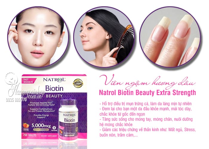 Viên ngậm hương dâu Natrol Biotin Beauty 5000mcg Extra Strength 9