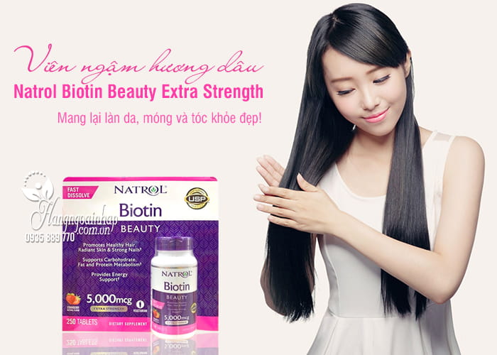 Viên ngậm hương dâu Natrol Biotin Beauty 5000mcg Extra Strength 1