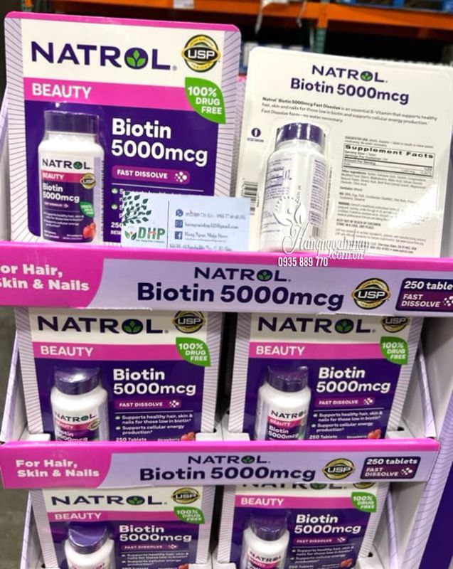Viên ngậm hương dâu Natrol Biotin Beauty 5000mcg Extra Strength 56