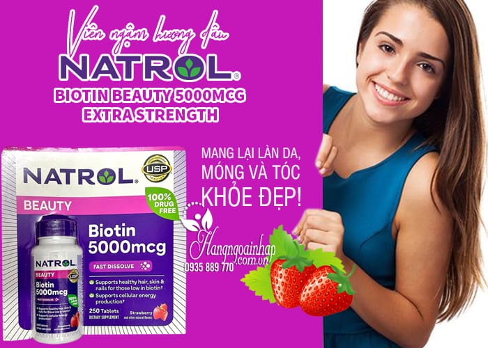 Viên ngậm hương dâu Natrol Biotin Beauty 5000mcg Extra Strength 12