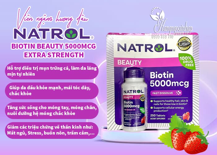 Viên ngậm hương dâu Natrol Biotin Beauty 5000mcg Extra Strength 6