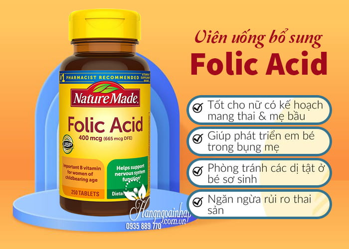 Viên uống bổ sung Folic Acid 400mcg Nature Made 250 viên USA 23