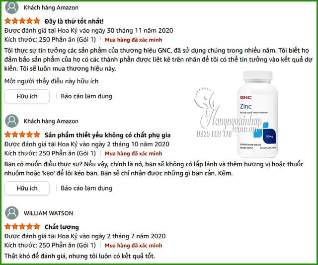 Viên uống bổ sung kẽm Zinc 50mg GNC 250 viên của Mỹ 8