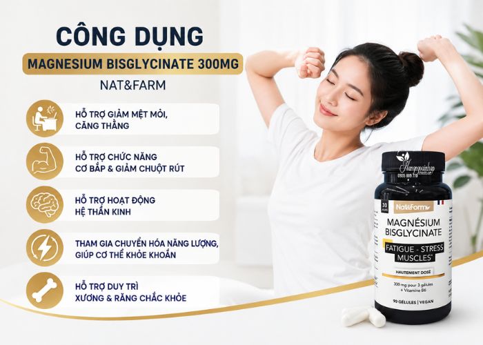 Viên uống Magie Magnesium Bisglycinate 300mg Nat & Farm của Pháp