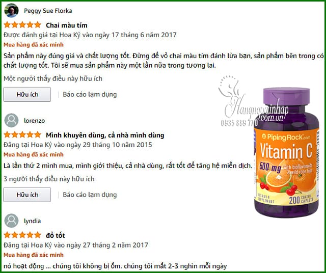 Viên uống Vitamin C 500mg Piping Rock tăng cường đề kháng 8