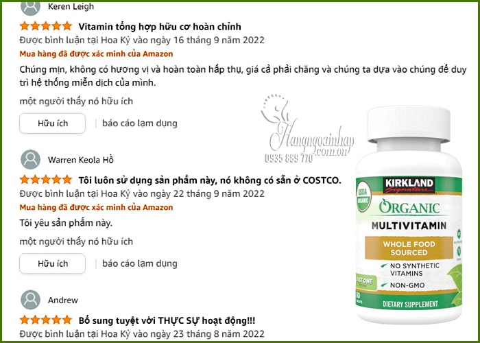 Vitamin tổng hợp hữu cơ Kirkland Organic Multivitamin Mỹ 99