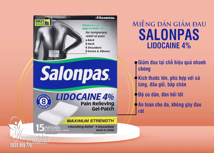 Miếng dán giảm đau Salonpas Lidocaine 4%, 15 miếng 55