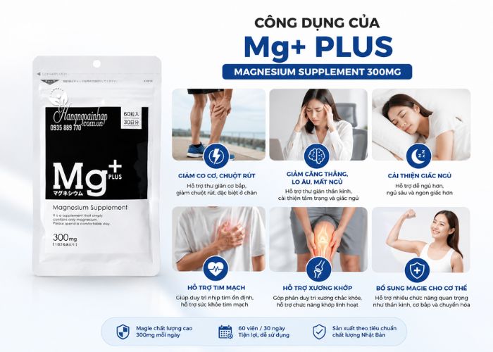 Viên uống bổ sung Magie Mg+ Plus Magnesium Supplement 300mg công dụng