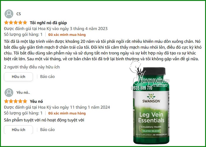 Viên uống Swanson Leg Vein Essentials giảm suy giãn tĩnh mạch 89