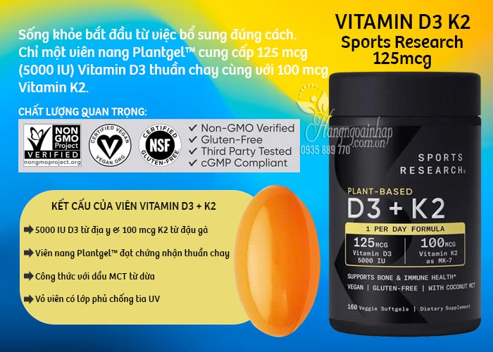 Vitamin D3 K2 Sports Research 125mcg thuần chay 160 viên
