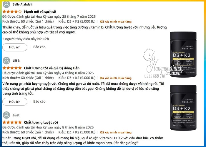 Đánh giá Vitamin D3 K2 Sports Research của Mỹ