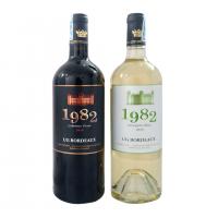 Set 2 chai rượu vang đỏ, trắng 1982 Bordeaux 2018 hộp gỗ