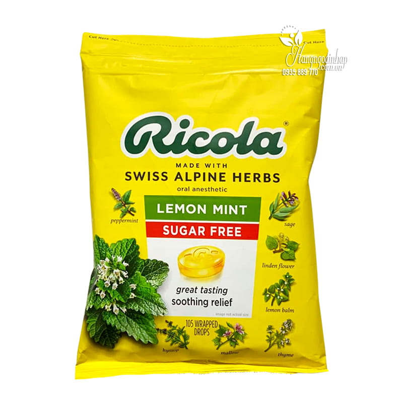 Kẹo ngậm trị ho Ricola Lemon Mint Sugar Free 105 Drops từ thảo mộc