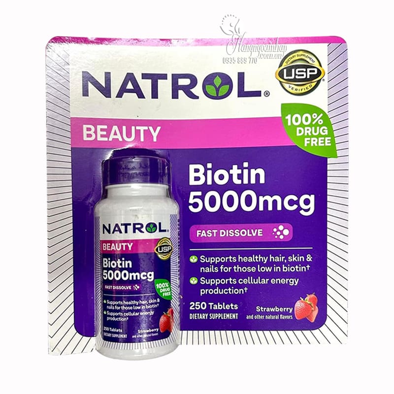 Viên ngậm hương dâu Natrol Biotin Beauty 5000mcg Extra Strength