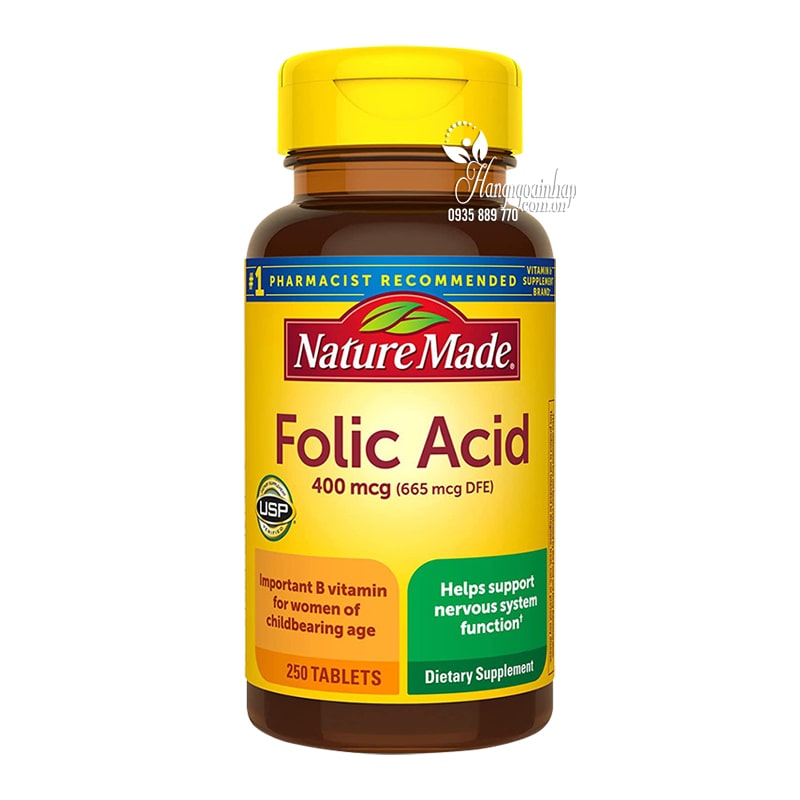 Viên uống bổ sung Folic Acid 400mcg Nature Made 250 viên USA