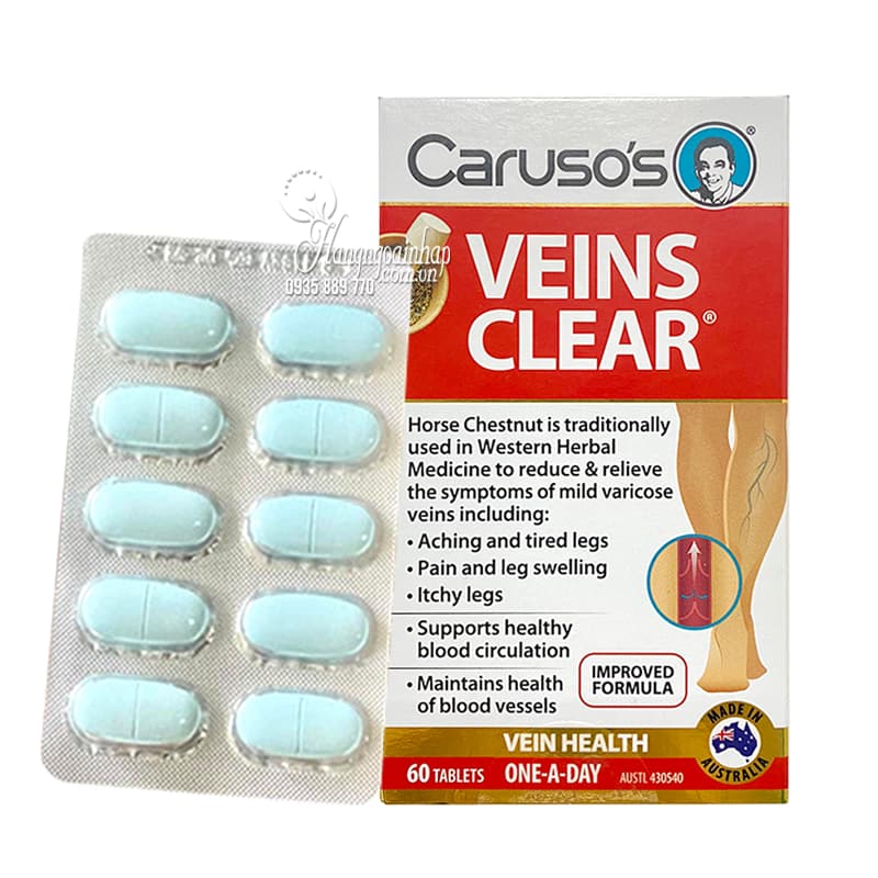Thuốc trị suy giãn tĩnh mạch Carusos Veins Clear 60 viên của Úc