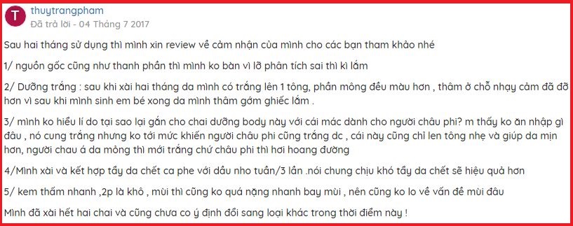 review hiệu quả từ khách hàng sau khi sử dụng sữa dưỡng thể chateau rouge paris "chính hãng" của Pháp