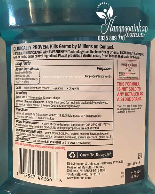 Nước súc miệng Listerine Ultraclean Antiseptic Cool Mint 1,5 lít 3
