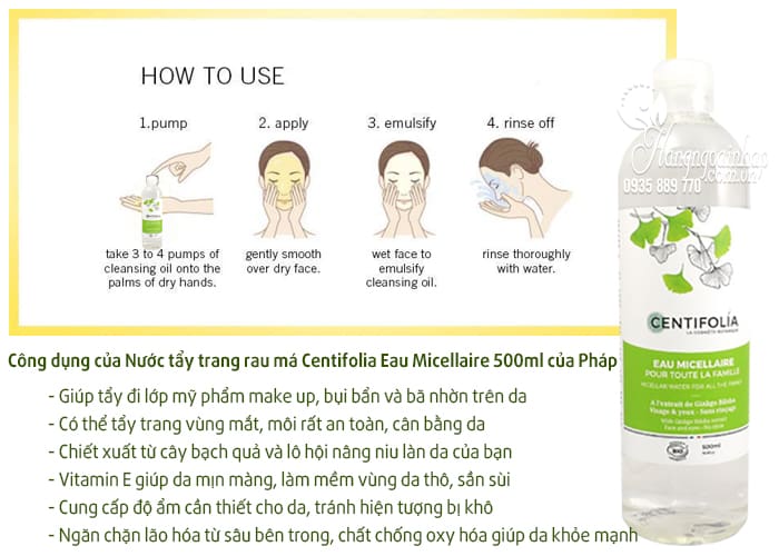 Nước tẩy trang rau má Centifolia Eau Micellaire 500ml nhập từ Pháp