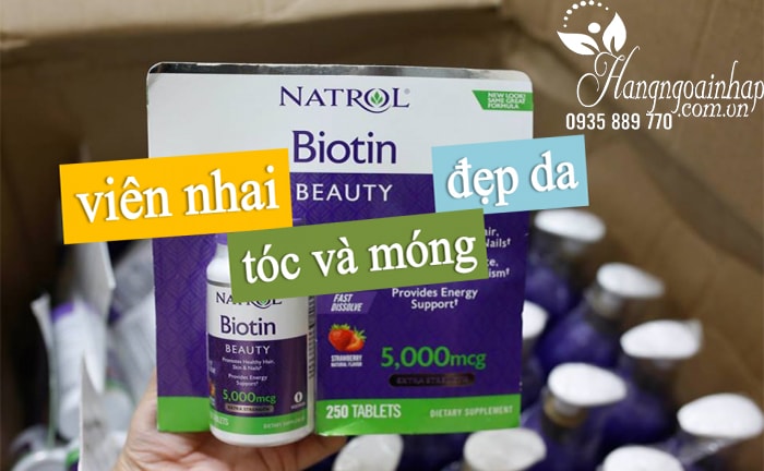 Viên ngậm hương dâu Natrol Biotin Beauty 5000mcg Extra Strength (1)