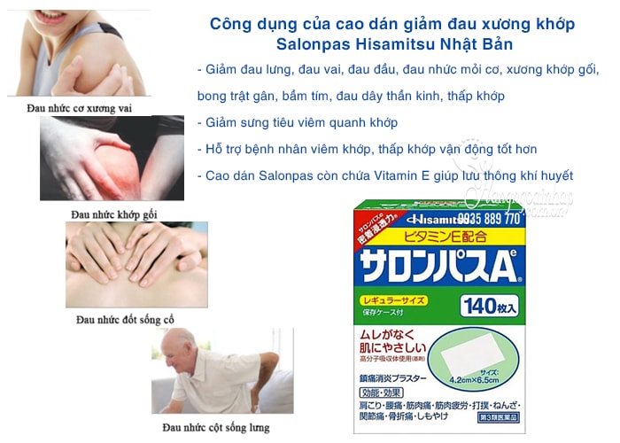 Cao dán giảm đau xương khớp Salonpas Hisamitsu 140 miếng của Nhật